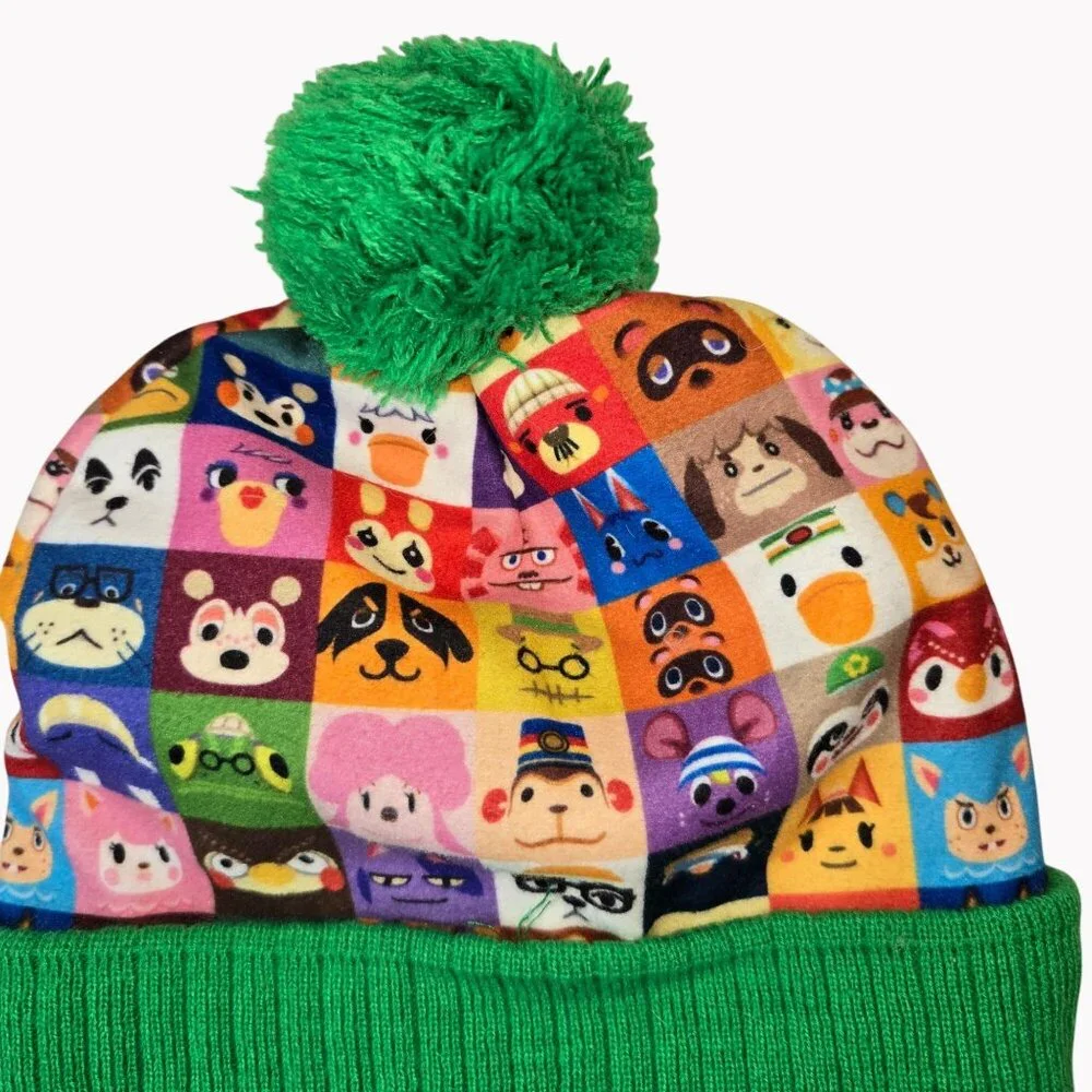 Animal Crossing Green Knit Pom Beanie With Character Print One Size Fits Most - Picture 3 of 6